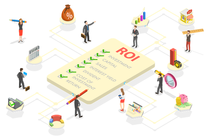 ROI – Return on Investment und Unternehmensinvestitionen sowie Finanzanalyse  Illustration