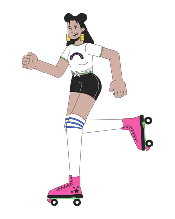 Roller Disco Girl Line Cartoon Flat Illustration 1980 S Rollerblading Latina Woman With Knee High Socks 2 D Lineart Character Isolated On White Background Nostalgia Fashion Scene Vector Color Image Illustration