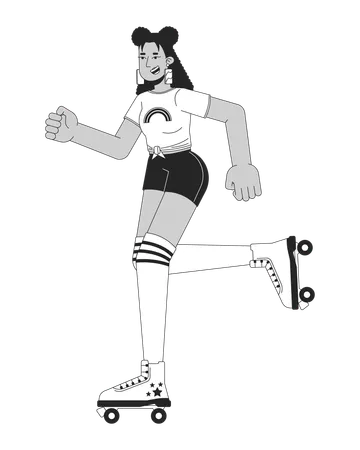 Roller Disco Girl Black And White Cartoon Flat Illustration 1980 S Rollerblading Latina Woman With Knee High Socks 2 D Lineart Character Isolated Nostalgia Monochrome Scene Vector Outline Image Illustration