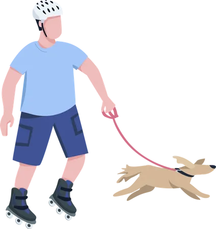 Roller Skater With Dog Flat Color Vector Faceless Character Young Rollerblader Riding With Canine Pet Companion Isolated Cartoon Illustration For Web Graphic Design And Animation Illustration