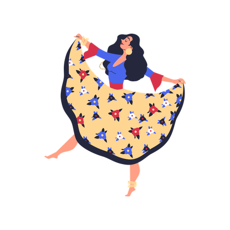 Roma gypsy girl dancing in fluffy long dress while Performing flamenco folk  Illustration