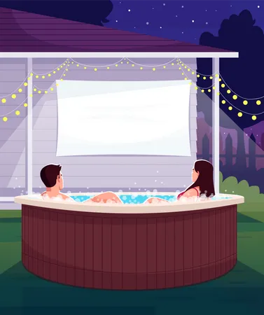 Romantic Backyard Date Semi Flat Vector Illustration Partners In Hot Tub Watch Movie On Projection Screen Large Blank Display At Home Married Couple 2 D Cartoon Characters For Commercial Use Illustration