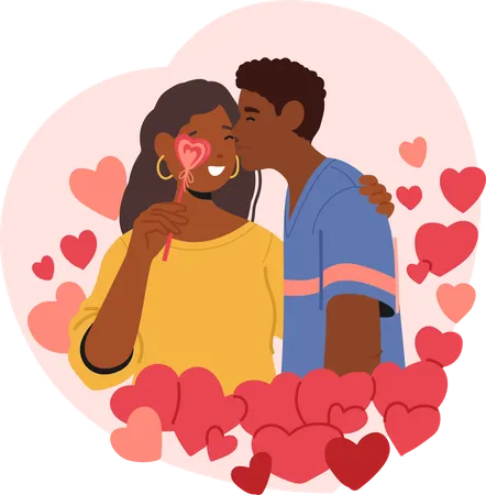 Romantic Black Couple Characters Share Tender Moment Surrounded By A Cascade Of Hearts In A Blissful Kiss Their Love A Testament To A Deep Enchanting Connection Cartoon People Vector Illustration Illustration