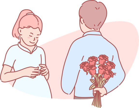 Romantic boy hiding roses to girl  Illustration