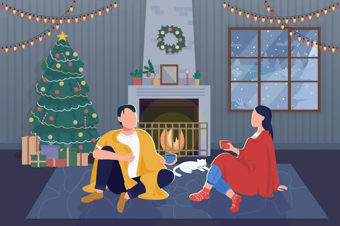 Romantic Christmas Evening Flat Color Vector Illustration Festive Holiday Recreational Activity Couple Sitting At Fireplace At Home 2 D Cartoon Characters With Interior On Background Illustration