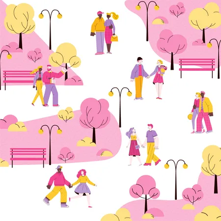 Romantic city park with cartoon couples walking together  Illustration