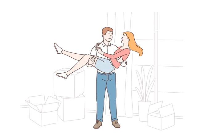 Happy Moving Young Couple Living Together Just Married Buying Real Estate Concept Boyfriend Holding Girlfriend In Hands At New House Newlyweds Relocating And Have Fun Simple Flat Vector Illustration