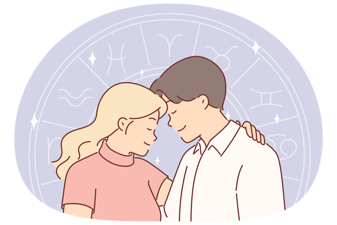 Romantic couple and horoscope wheel symbolizing full compatibility  Illustration