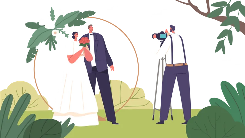 Romantic Couple Characters At Wedding Photo Shoot Capturing Love Joy And Moments Of Pure Bliss Beautifully Posed And Candid Shots That Immortalize Special Day Cartoon People Vector Illustration Illustration