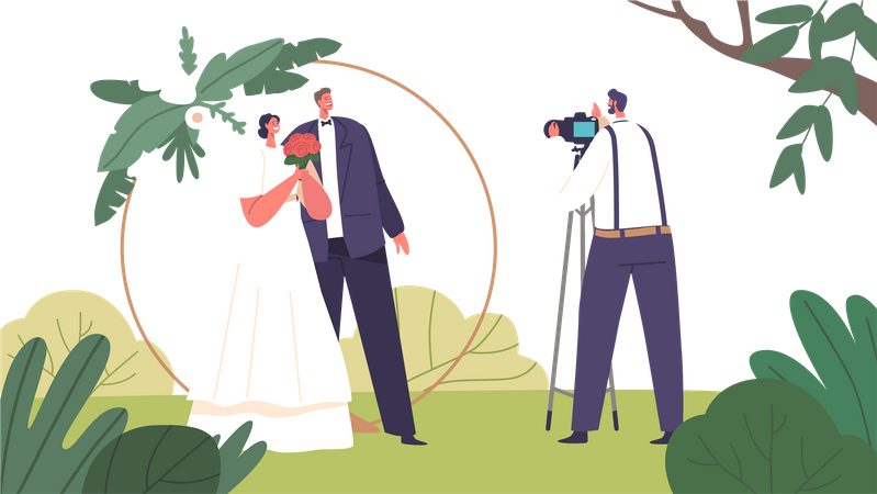 Romantic Couple Characters At Wedding Photo Shoot Capturing Love  Illustration