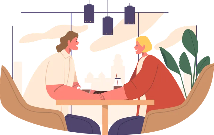 Romantic Couple Characters Bathed In The Warm Glow Of A Cafe Share Tender Moment Holding Hands The Subtle Ambiance Enhances Their Connection Creating A Scene Of Quiet Intimacy Vector Illustration Illustration