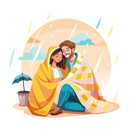 Romantic couple enjoy rainy weather  Illustration