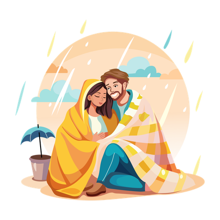 Romantic couple enjoy rainy weather  Illustration
