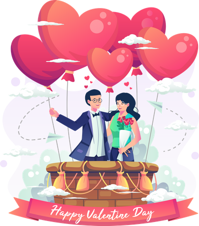 Romantic couple enjoying valentine day by flying a hot air balloon Illustration