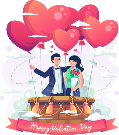 Romantic couple enjoying valentine day by flying a hot air balloon  Illustration