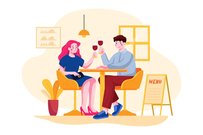 Romantic couple enjoying wine together Illustration