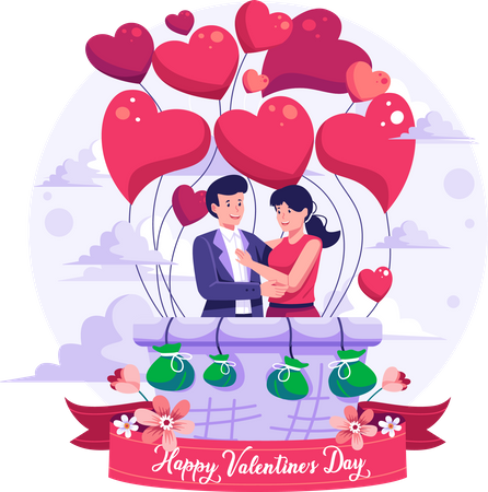 Romantic couple flying in a hot air balloon  Illustration
