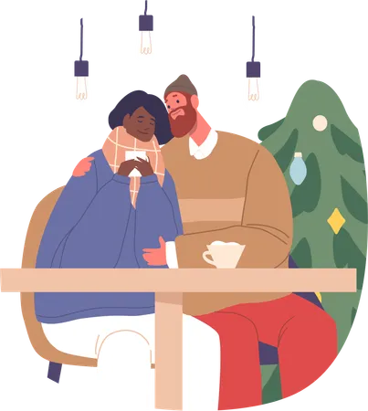 Amidst Twinkling Lights And Cozy Ambiance A Romantic Couple In A Christmas Cafe Share Warmth Hugging And Sipping Cocoa Their Love Echoing The Festive Joy Around Them Cartoon Vector Illustration 일러스트레이션