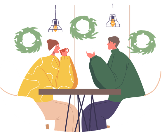 Romantic Couple In Cozy Christmas Cafe.  Illustration