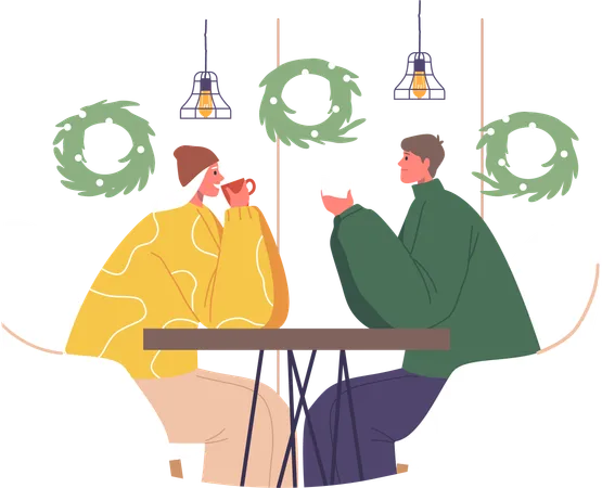 Romantic Couple In Cozy Christmas Cafe.  Illustration