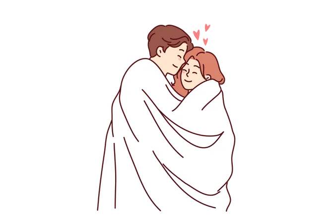 Romantic Man And Woman Wrapped In White Blanket Embrace And Feel Love And Passion Romantic Teenage Couple Hugging And Closing Eyes In Happiness Dreaming Of Creating Joint Family 일러스트레이션