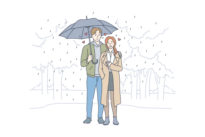 Love Relationship Romance Concept Young Loving Couple Boyfriend And Girfriend Man And Woman Cartoon Characters Standing Embraced With Umbrella In Rain Vector Romantic Date In Park Illustration Illustration