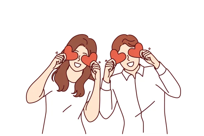 Romantic Couple Of Man And Woman Holds Valentine Cards In Form Of Hearts In Front Of Eyes And Looks At Screen Smiling Romantic Guy And Girl In White Clothes Rejoicing In Presence Of Soulmate Illustration