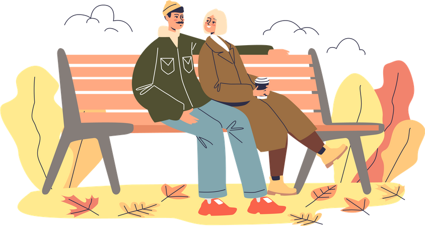 Romantic couple on date sit on bench in autumn park  Illustration