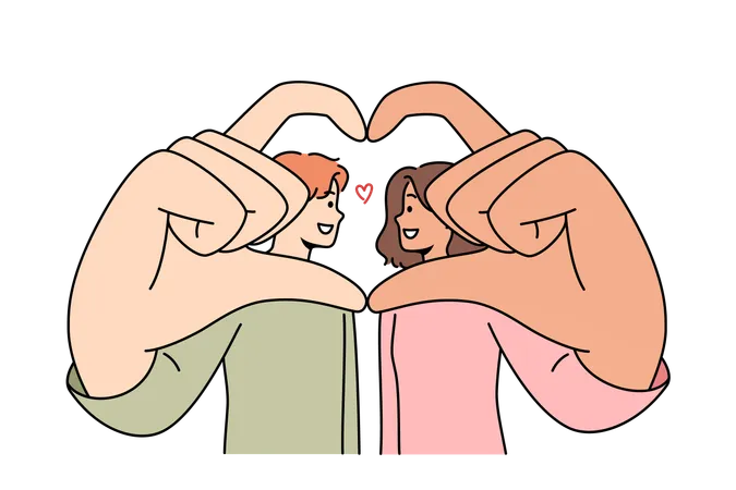 Romantic couple shows symbol of love and devotion giving heart from hands and wanting to kiss  Illustration