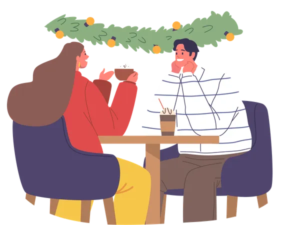 Cozy Christmas Cafe Adorned With Twinkling Lights Where A Romantic Couple Sips Cocoa Exchanging Loving Glances Amidst Festive Ambiance Wrapped In Warmth And Holiday Cheer Vector Illustration Illustration