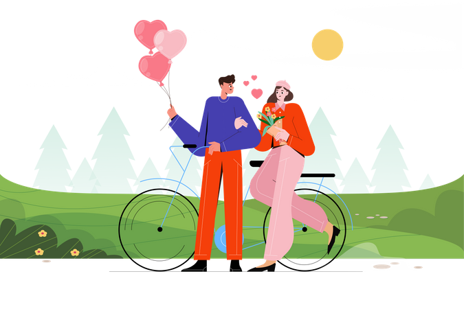 Romantic Couple standing near cycle Illustration