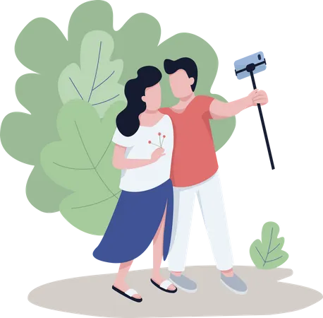 Romantic Couple Taking Selfie Flat Color Vector Faceless Characters Tourists Vloggers Streaming Live From City Park Isolated Cartoon Illustration For Web Graphic Design And Animation Illustration