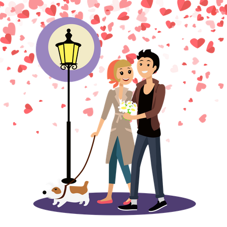 Romantic Couple Walking At Night Illustration