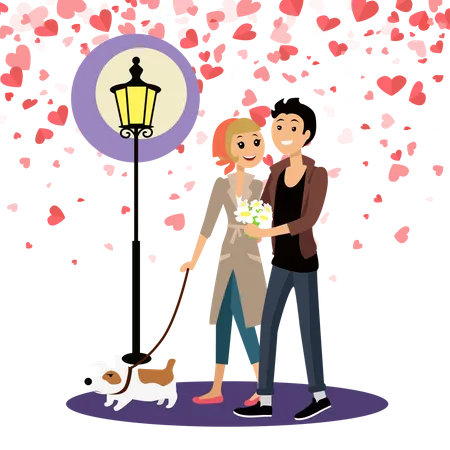 Romantic Couple Walking At Night Illustration