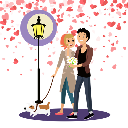 Romantic Couple Walking At Night  Illustration