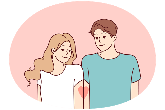 Romantic couple with tattoo in form of half heart on hands symbolizing love  Illustration