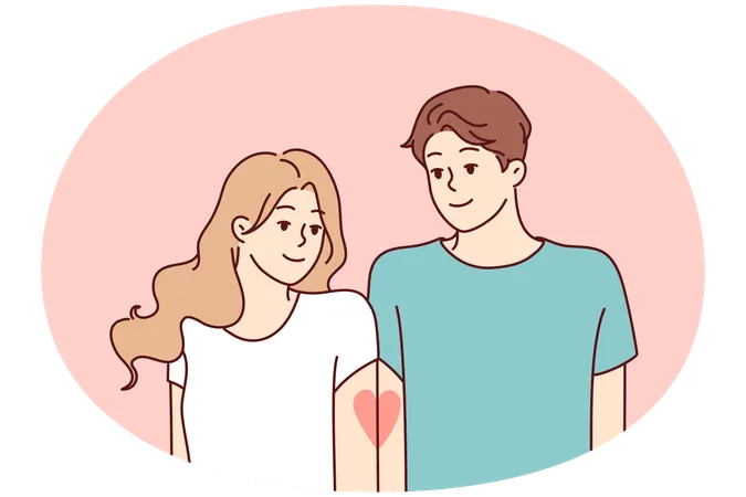 Romantic couple with tattoo in form of half heart on hands symbolizing love  Illustration