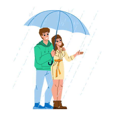 Romantic couple with umbrella in rain  Illustration