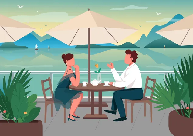 Romantic Date At Seaside Resort Flat Color Vector Illustration Couple Dinner In Restaurant Boyfriend And Girlfriend In Street Cafe Together 2 D Cartoon Characters With Seascape On Background Illustration