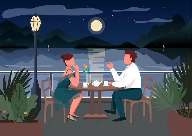 Romantic Date In Seaside Resort Town Flat Color Vector Illustration Couple Dinner In Restaurant Man And Woman In Street Cafe Together 2 D Cartoon Characters With Sea And Sunset On Background Illustration