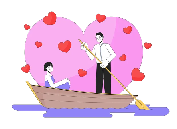 Romantic Date Night On Lake 2 D Linear Illustration Concept Asian Young Couple Sweetheart Cartoon Characters Isolated On White Gondola Paddle Metaphor Abstract Flat Vector Outline Graphic Illustration