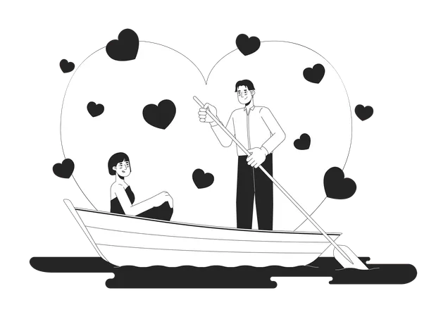 Romantic Date Night On Lake Black And White 2 D Illustration Concept Asian Young Couple Sweetheart Cartoon Outline Characters Isolated On White Gondola Paddle Metaphor Monochrome Vector Art Illustration