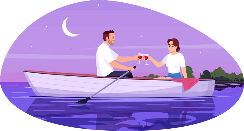 Romantic date of young couple on boat  Illustration