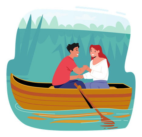 Romantic Date Of Young Couple On Boat Illustration