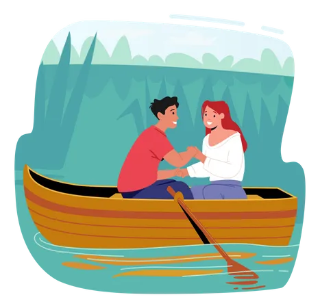 Romantic Date Of Young Couple On Boat  Illustration