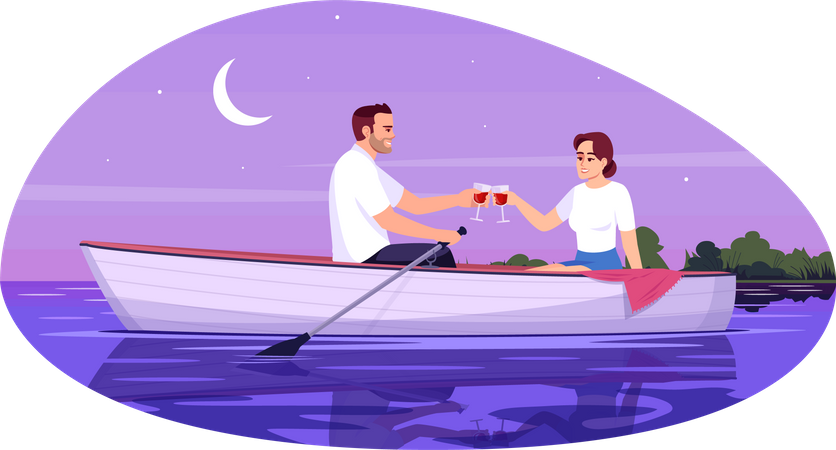 Romantic date of young couple on boat  Illustration