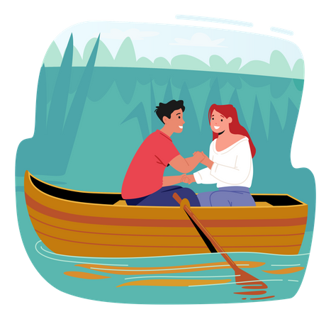 Romantic Date Of Young Couple On Boat  Illustration