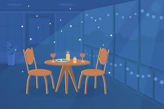 Romantic Dinner At Home Flat Color Vector Illustration Having Date Night Celebrating Valentines Day With Beloved One Cozy Night 2 D Cartoon Interior With Romantic Atmosphere On Background Illustration
