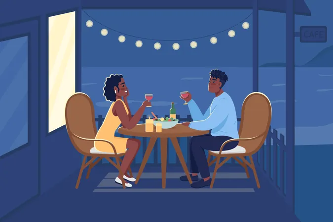Romantic Dinner Outdoors Flat Color Vector Illustration Partners Spending Time Together Drinking Wine In Backyard Boyfriend And Girlfriend 2 D Cartoon Characters With Seaside Landscape On Background Illustration