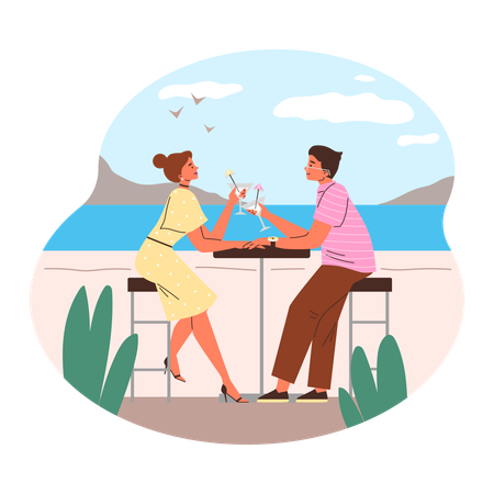 Romantic enamoured couple at restaurant table drink cocktail  Illustration